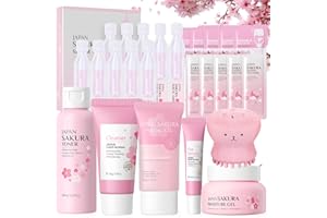 BYHSOEP 17 Piezas Set de Cuidado de la Piel Sakura, Sakura Set de Cuidado de la Piel, con Limpiador Facial/Tónico/Esencia/Dispositivo de Limpieza/Mascarilla, Etc.Kits De Cuidado Facial para Niñas y Mujeres