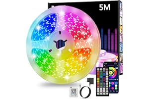 Realky Tira LED 5 Metros, Luces Led Habitacion RGB Bluetooth Adhesivas con Control Remoto y Inteligente Control de APP, Cambia el Color con la Musica para Decoración de Cocina, Gaming, TV