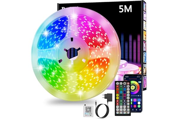 Realky Tira LED 5 Metros, Luces Led Habitacion RGB Bluetooth Adhesivas con Control Remoto y Inteligente Control de APP, Cambia el Color con la Musica para Decoración de Cocina, Gaming, TV