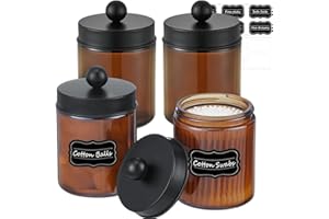 BIKALAN Glass Cotton Buds Container, Dressing Table, Bathroom Organiser Set with Matte Black Stainless Steel Lids, Cotton Pad Dispenser, Cotton Pads, Dental Floss Picks (Brown)