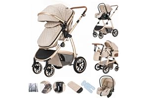 Kakbgee - Cochecito combinado 3 en 1, cochecitos con asiento de coche ECE R129, cochecito de paseo ajustable en altura, capazo flexible convertible marco de aluminio para recién nacidos 0-4 años