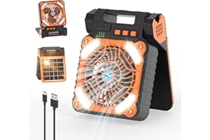 Smiling Shark Portable Camping Fan, 6000 mAh Rechargeable Solar Tent Fan Light 4 Speeds Powerful Wind 3 Timer 90° Foldable Cordless LED Desk Fans with Power Bank for Camping Fishing Ourdoor Hiking