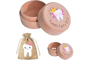 Watlikeup Wooden Tooth Fairy Box with Tooth Fairy Bag,Tooth Fairy Kit Set,Round Collect Lost Tooth Box,Case Keepsake Organizer Tooth Fairy Pouch,Baby Teeth Storage Box Kids Gift to Keep Kids Memory