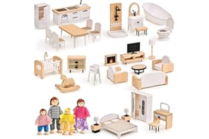 Atoylink Muebles Casa de Muñecas de Madera de Haya y Plástico con Diseño Elegante en Blanco y Negro, 4 Muñecas Familiares, Juguetes Educativos y Juego de Simulación para Niños Niñas Partir 3 Años +