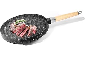 NAMAI - Bistecchiera Antiaderente Pietra, 32CM, Alluminio Pressofuso, Adatta In Lavastoviglie, Lati Grill e Liscio, Padella Manico Removibile in Legno, No Induzione, Made In Italy