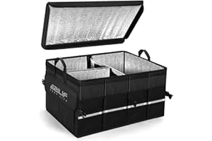 Ezilif Car Boot Organiser, 68L Collapsible Boot Organisers, Sturdy Car Boot Storage with Cooling and Thermal Insulation Function, Multi Compartment Boot Tidy for Car, Waterproof & Non-Slip Bottom