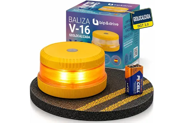 Baliza V16 Homologada DGT con Geolocalización | Luz de Emergencia Coche LED 360° 1km | Conectada Plataforma DGT 3.0 | Resistente a la Lluvia | con Indicador de Batería y Base Imantada | Bip&Drive
