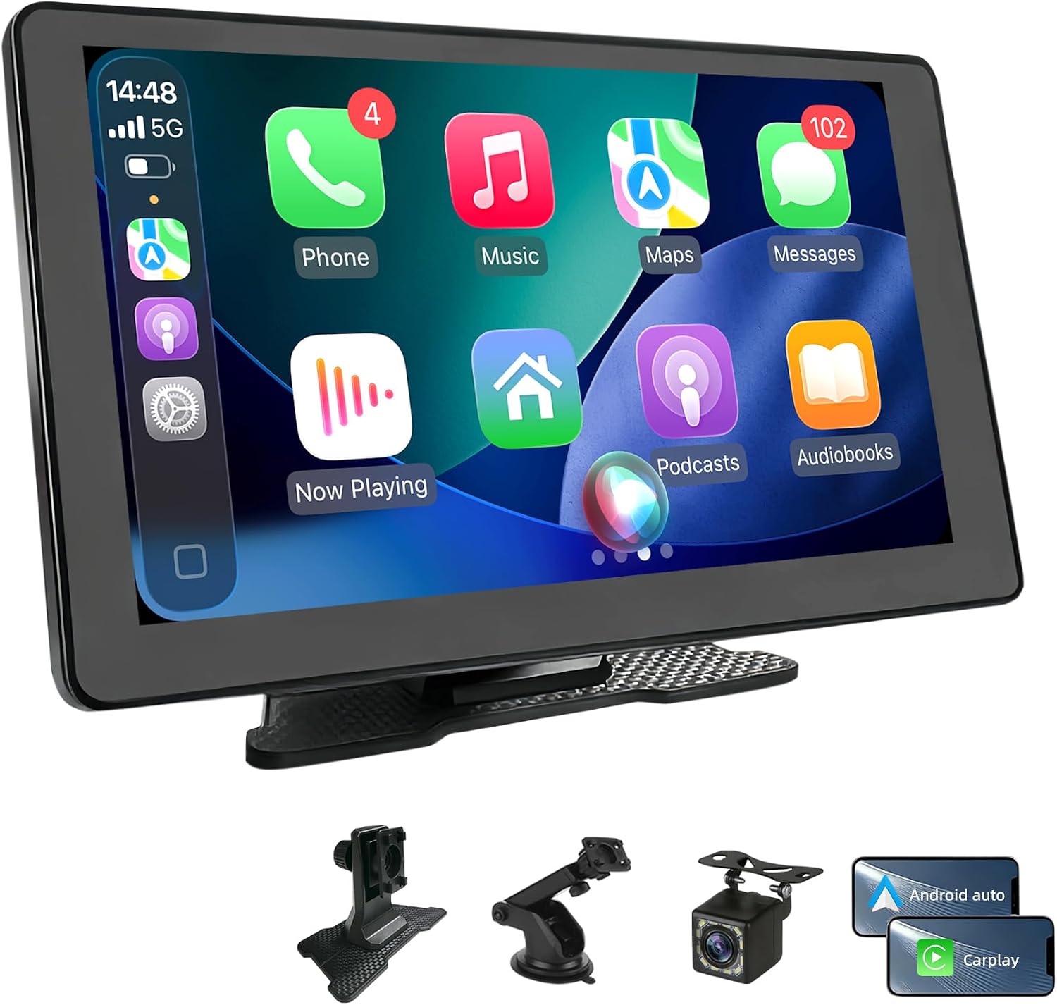 Pantalla Coche 9" con Carplay y Android Auto Inalámbrico - Pantalla Carplay con Cámara Trasera - Autoradio Portátil Car Play con FM Transmisor, AUX | Plug & Play para la Mayoría de Coches