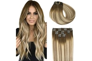 SURNEL Extensiones De Clip De Pelo Natural 120g 45cm 6 Piezas Marrón Más Oscuro Desvaneciendo a Marrón Ash Resaltado con Rubio Extensiones De Clip De Humano Real Extensiones Pelo Remy (C#3/8/22-45cm)