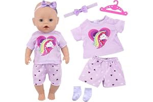 CARREUTY Lot de 5 tenues pour poupées de 14 à 18 pouces, 35-43 cm, vêtements de poupée pour bébé, 1 manches courtes, 1 short, 1 bandeau avec nœud, 1 cintre, 1 paire de chaussettes, cadeau d'anniversaire pour