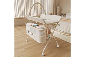 OHMG klappbare Wickelkommode Wickeltisch, Baby Wickelkombi, mit Wickelauflage Sicherheitsgurt und Ablagefächern, platzsparend stabil,mobiler wickeltisch,Baby Changing Table (B-Milchweiß)