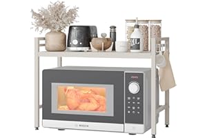 NETEL Soporte para microondas encimera Cocina Organizador hornos estanterías Almacenamiento Extensible microondas Soporte de 40 a 60 cm，con 8 Ganchos, Blanco 2 Niveles