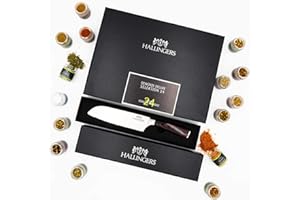 ‎HALLINGERS GENUSS MANUFAKTUR Hallingers Deluxe Selektion 24 & Premium Santoku - Gewürz Geschenkset handmade, Bundle 24 Gewürze & Messer Premium (Set) - Muttertagsgeschenk & Geschenkideen zum Vatertag | Neues Zuhause Glückwünsche