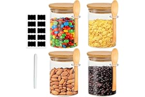 Kezidhp Set da 4 Barattoli Ermetici in Vetro da 540ML con Coperchio e Cucchiaio - Contenitori per Conservazione Alimenti, Ideali per Tè, Caffè, Spezie, Zucchero, Farina e Cereali