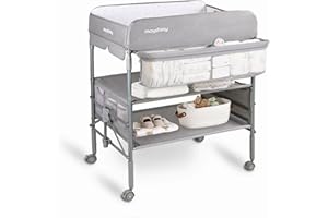 Maydolly Baby Changing Table, Portable Foldable Changing Station with Wheels, Waterproof Surface, Adjustable Height Baby Changing Unit with Storage Rack for Newborn (Grey)
