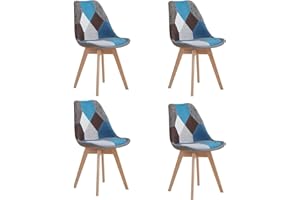 BenyLed Lot de 4 Chaises de Salle à Manger en Patchwork Modernes avec Assise Rembourrée et Pieds en Bois Idéal pour Salle à Manger, Salon, Chambre, etc., Bleu