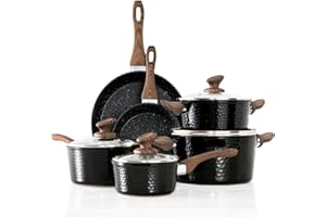 KITCHEN ACADEMY Induction Kitchen Cookware Sets - 15 Piece Hammered Granite Cooking Pans Set Black Nonstick Pots and Pans Set