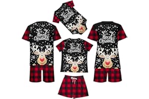 SIZOER Christmas Matching Family Pajamas Christmas Matching Family Pyjamas Set T-Shirt and Plaid Short Pants Xmas Pjs Sleepwear Nightwear Holiday Suit Loose Summer Christmas Pajamas