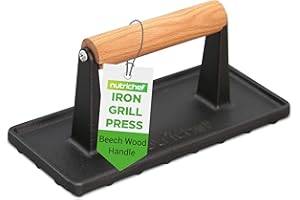 Nutrichef Cast Iron Grill Press - Heavy-Duty Griddle Press with Silicone Handle, Speeds Up Cooking Time on Steak, Burger Patty, Meats, Bacon, Quesadillas & More, Leave an Attractive Mark on Any Meat