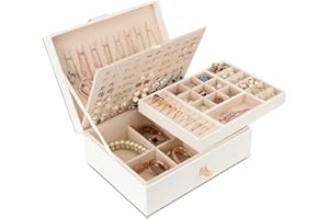 Chelory Jewellery Box Organiser for Women Girls, 3 Layer Large Jewellery Storage Case for Rings Earrings Necklace Bracelets Faux Leather Jewelry Gift Box (White)