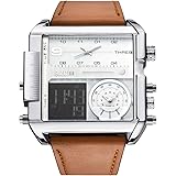 JSDDE Men's Brown Square Digital Electronic Genuine Leather Band 3ATM Waterproof LCD Sport Watch Casual Business Quartz Milit