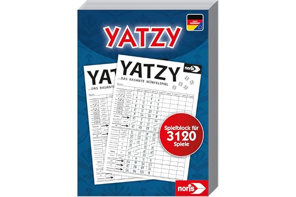 Noris 606194305 Yatzy spelblock i formatet 10,2 x 14,4 cm, yatzyblock för 3,120, 2 spelare i åldern 6 år och uppåt