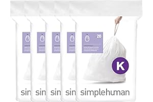 simplehuman Code K 100 Liners, 50% Recycled Custom Fit Bin Bags in Dispenser Packs with Durable Drawstring Tie Handle, 35-45L, White