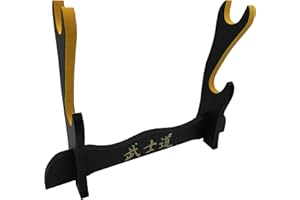 Glac Store® Soporte expositor pie de mesa para Katana Samurai de madera con texto japonés 2 plazas adornado con terciopelo amarillo gamuza