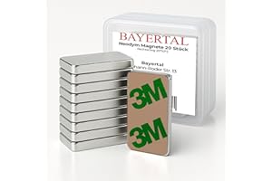 Bayertal® Neodym Magnete 20x10x2mm – 20 Stück, N52 Extra Stark mit 3M Kleber – Mini Magnete selbstklebend für Magnettafel, Whiteboard, Kühlschrank, Büro, Werkstatt & Haushalt – Haftet auch ohne Metall