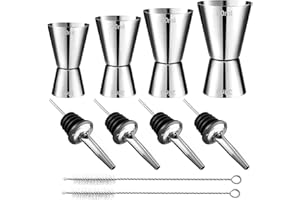 Mexgcom 4 Stück Cocktail Messbecher, Edelstahl Barmaß, 3cl/4cl/5cl/6cl Doppelmaß Jigger mit 4 Flaschenausgießern & 2 Pinseln, Messbecher Cup Set für Bar Party
