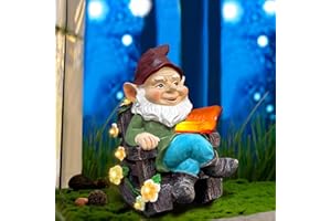 SCUYARI Solar Garden Gnome Statues Outdoor, Fairy Halloween Rocking Chair Gnomes Reading Book Succulents Figurines Lights Yard Art Sculpture Home Decor for Outside Patio Balcony Lawn, Unique Loved One Gifts