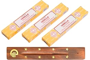 Original Satya Vanilla Incense Sticks Pack of 3X 15G with Greensense Holder for Aromatherapy, Spa, Yoga, Weddings, Meditation, Healing, Positivity and Relaxation
