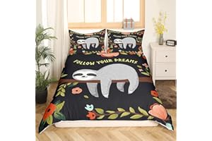 HOMEWISH Faultier - Set copripiumino 135 x 200 cm, carina caricatura, set di biancheria da letto per bambini e bambine, morbido set di piumini con animali e fiori botanici, per ragazzi e bambini, 1 federa