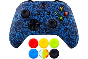 9CDeer 1 x Silicona Transferir Impresión Protector Cubrir Piel + 6 Apretones de Pulgar y Tapones a Prueba de Polvo para Xbox One/S/X Mando Follaje Azul