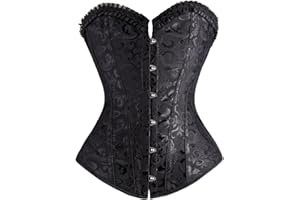SLIMBELLE Femme Sexy Corset Bustier Gothique en Satin Lingerie de Mariée en Dentelle avec Ruban Lacet Os en Acier Overbust Top + G-String