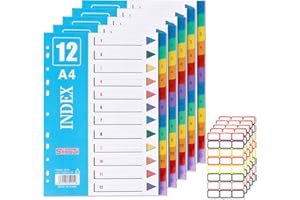 OWill File Dividers A4, 5 Pack 12-Part Folder Dividers for Ring Binders, A4 Dividers for Lever Arch Files with Color Label Stickers