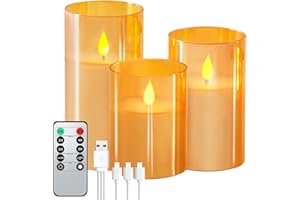 Forever Speed Zestaw 3 świec LED ze złotym szkłem, możliwość ładowania, z pilotem zdalnego sterowania, timer, możliwość ściemniania, bezpłomieniowe świece z kablem do ładowania, do dekoracji