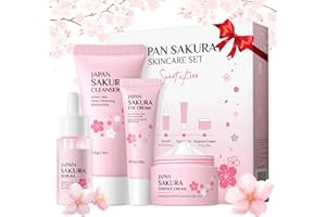 INGZY Fleur de Cerisier Ensemble Soin du Visage, Skincare Set avec Nettoyant, Sérum, Soin Nourrissant Yeux, Crème Hydratante, Coffrets de Soins Anniversaire Cadeau pour Ado Fille et Femmes (4 Pièces)