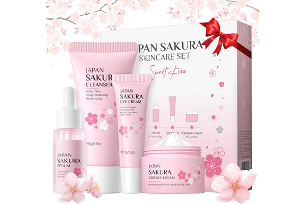 Fleur de Cerisier Ensemble Soin du Visage, Skincare Set avec Nettoyant, Sérum, Soin Nourrissant Yeux, Crème Hydratante, Coffrets de Soins Anniversaire Cadeau pour Ado Fille et Femmes (4 Pièces)