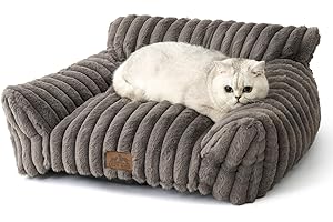 COZY KISS Grand Panier-Lit-Canapé pour Chat à Design Corde 65x44x30cm pour Petits Chiens et Chats, Fourrure Synthétique Douce, Duveteux et Doux, Soutien Tête et Cou, Antidérapant et Lavable, Gris