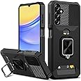rojarou for Samsung A15 case with [Card Holder], Samsung Galaxy A15 case with [Slide Camera Cover] [360° Rotate Ring Kickstand] Heavy Duty Protective Phone Case for Samsung A15 Cover-Black