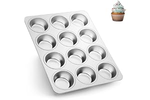 Herogo Moule à muffins en acier inoxydable pour 12 muffins, moule à muffins en métal pour cupcake, yorkshire pie, pudding, muffin facile à nettoyer, passe au lave-vaisselle, non toxique, argenté
