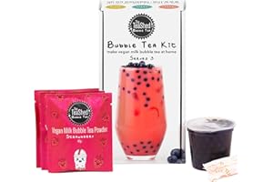 THE *TEASHED Vegan Milk Bubble Tea Kit Gift Box | 3 Servings | Set includes Strawberry Powder, Blueberry Popping Boba and Paper Straws | By The TeaShed