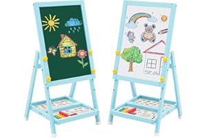 HOMCENT Kids Art Easel Double Sided Easel Whiteboard Blackboard,Foldale Mini Wood Easel for Kids,Drawing Board with Letters and Numbers 43 * 32 * 8.5 (Blue)