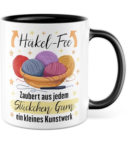 Samunshi Häkeln-Tasse „Ich Denke An Häkeln“ – Schwarz/schwarz, 300 Ml, Spülmaschinengeeignet