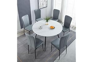 Hallowood Furniture Cullompton Round Dining Table and Chairs Set 6, Large White Marble Effect Dining Table (120cm) & Light Grey Faux Leather Chairs, Dining Room Set for Home & Café