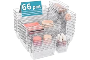 CLUHERTVY Organizador de Cajones de 66 Piezas en 4 Tamaños, Organizador de Plástico Transparente, Organizador de Baño, Organizador de Cosméticos, Se Puede Utilizar en Cocina, Oficina, Armario