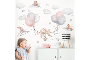 Little Deco Adhesivo decorativo para pared, diseño de conejo con globos, diseño de animales y habitación de bebé, para habitación de los niños, autoadhesivo, decoración DL846-4