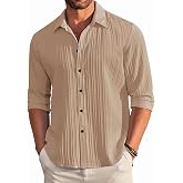 DEELMO Men's Casual Button Down Shirts Long Sleeve Linen Regular Fit Shirt Fashion Textured Beach Summer Shirt