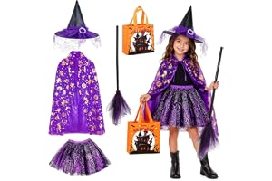 DAJASD 6 stycken häxdräkter för barn, halloweenkostym barn med magisk hatt godisväska, häxkostym flickor, häxutklädnadsset fö